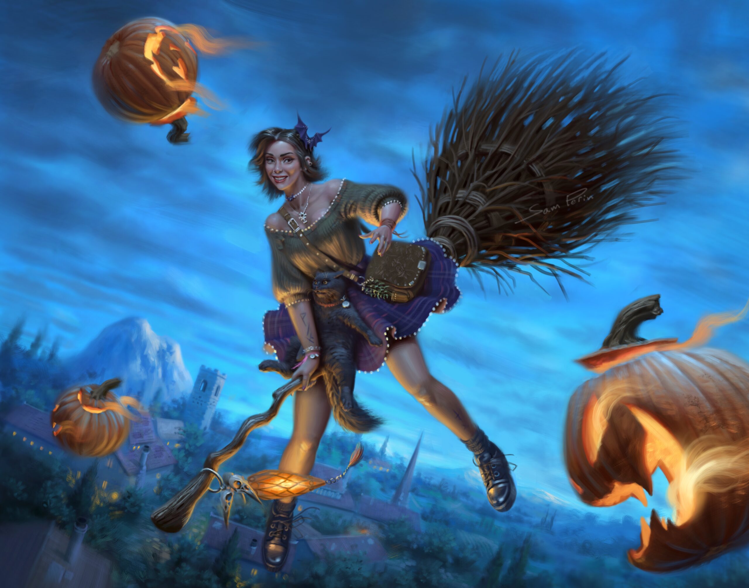 Halloween Witch flying on broom with black cat and magical flying pumpkins.